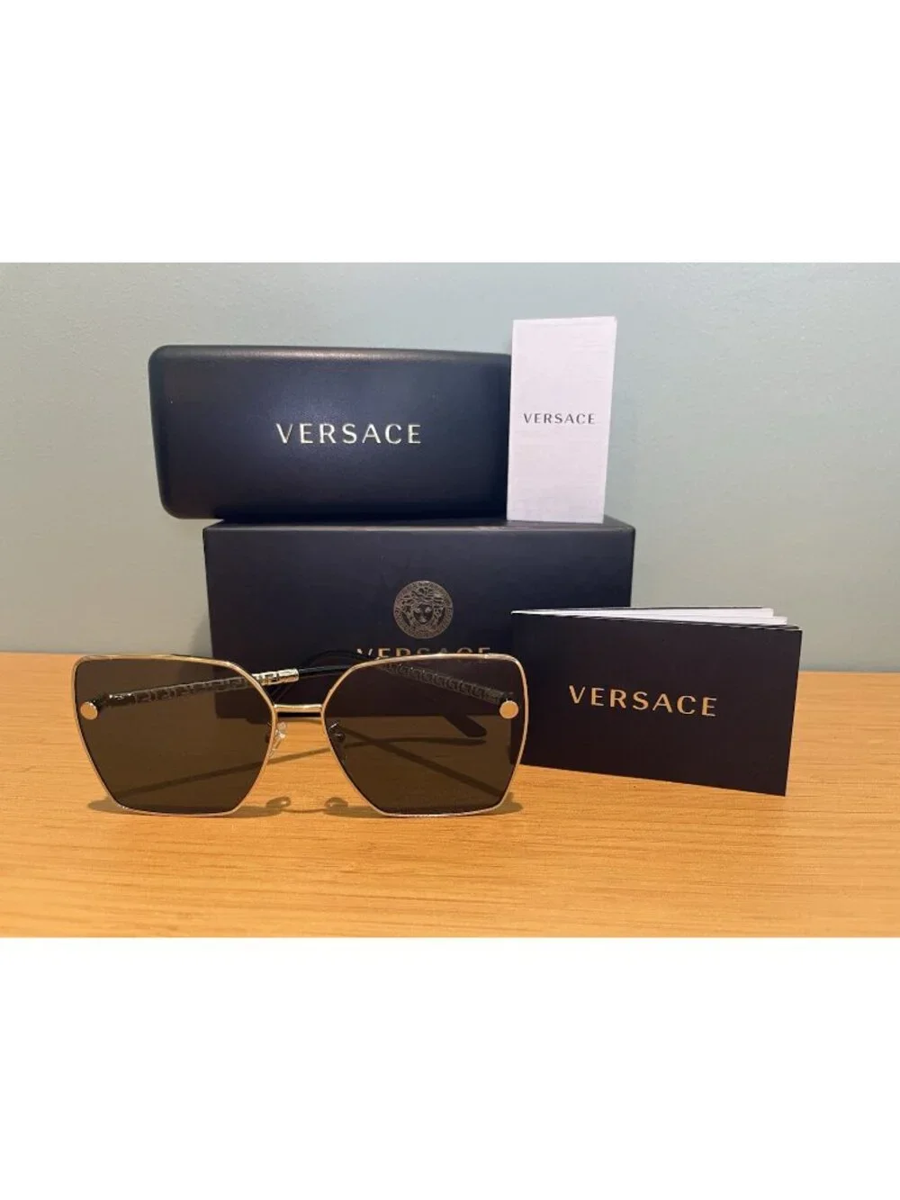 VERSACE VE2270D 125287 Pale Gold Dark Grey 63mm BNIB Full Set Box Case Auth